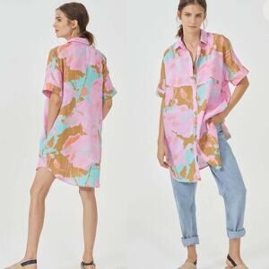 Lanhtropy Linen Shirt Dress Aquarela Oversized Pink Brown Mint Sz S/M